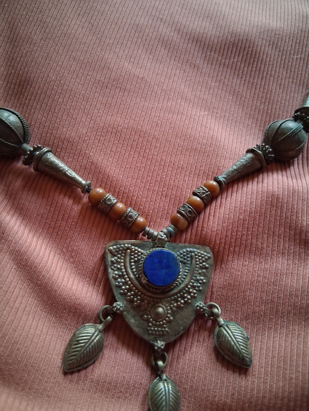 Vintage-Style Silver-Tone Necklace with Blue Stone and Brown Beads
